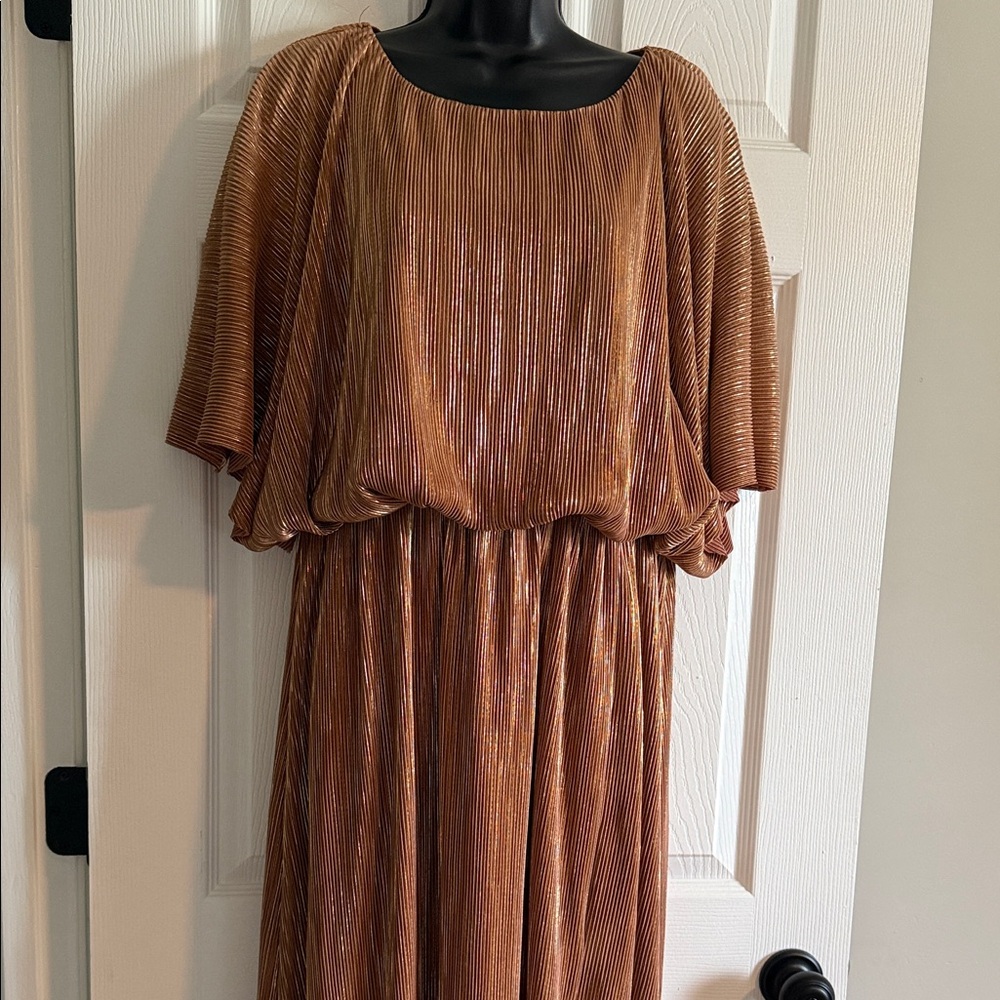 Metallic Rust Pleated Blouson Maxi Dress - Women